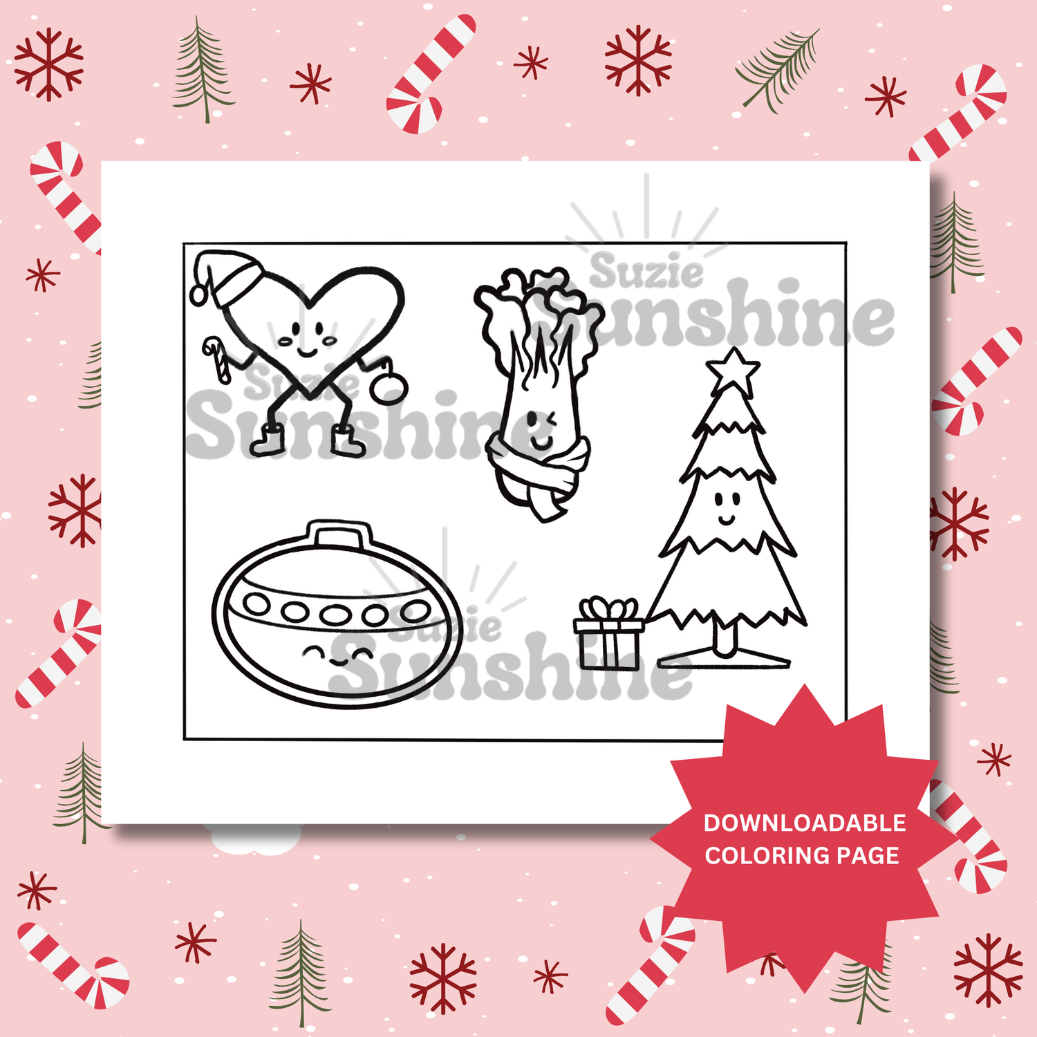 digital coloring page featuring kawaii style heart, lettuce, cookie, and tree drawings